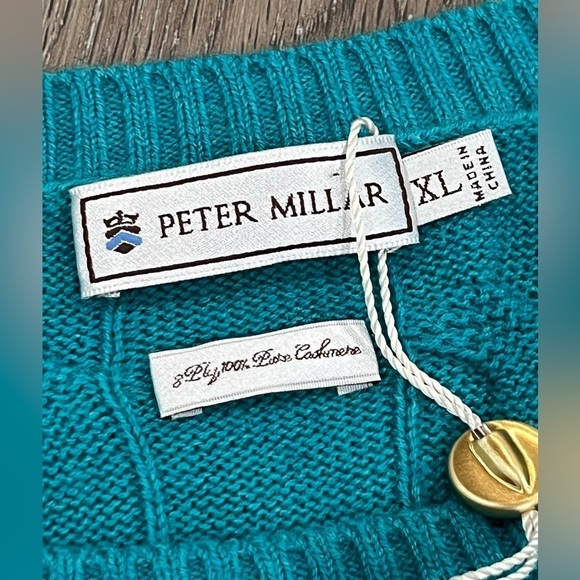 NWT Peter Millar XL 100% Cashmere Cable Knit Teal Super Soft Crewneck Sweater - Picture 7 of 13